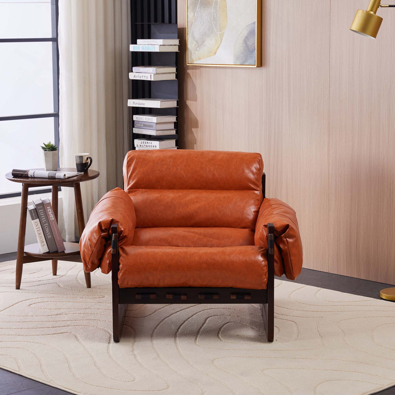 Chaise longue en cire d'huile rétro avec accoudoirs amovibles et assemblage facile, Cuir rétro ciré à l'huile orange