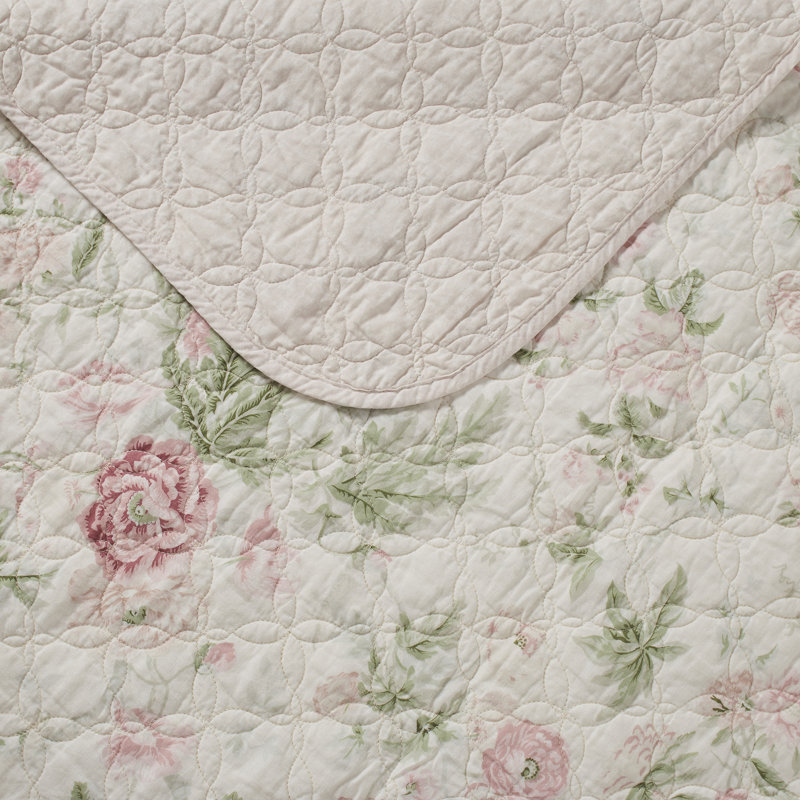 Laura Ashley Breezy Floral Cotton Reversible Quilt Set, Pink/Green, Queen Quilt + 2 Standard Shams