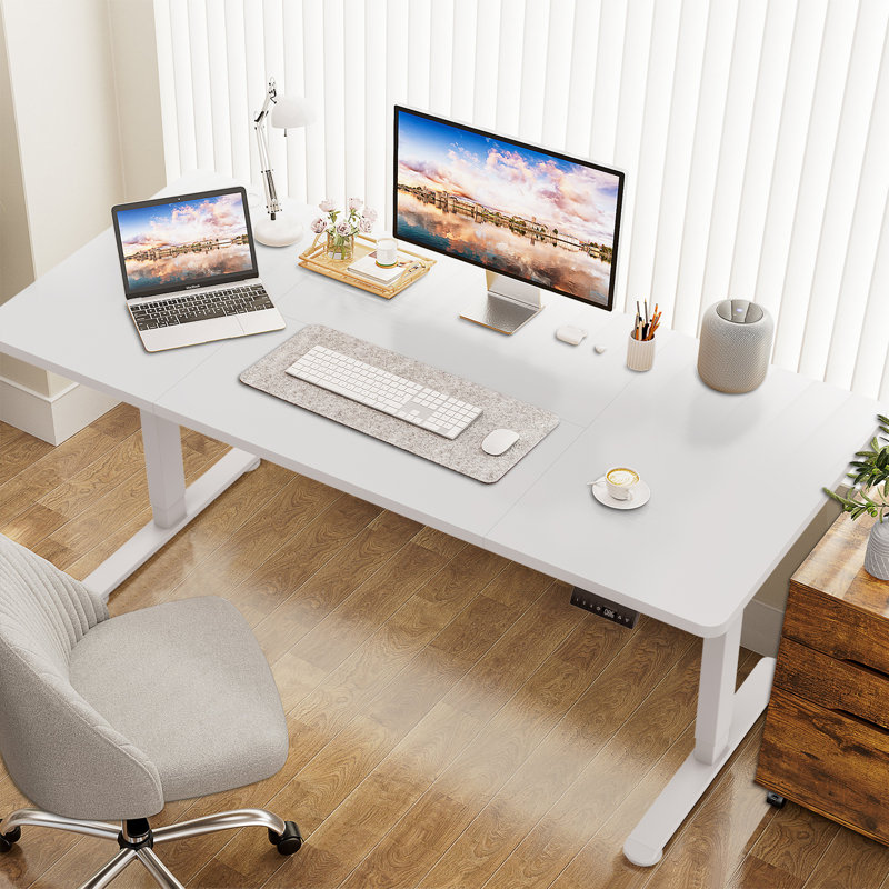 Height Adjustable T-Shaped Computer Desk Electric Standing Desk with USB Charging, 115cm H x 180cm W x 80cm D, White, White