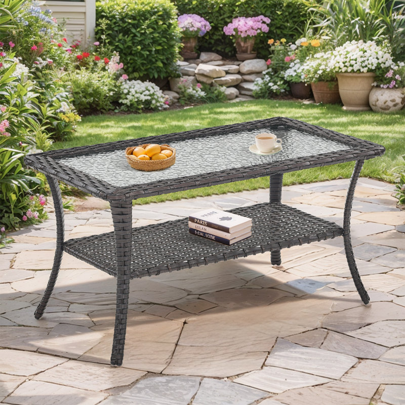 Patio Rattan Wicker Coffee Table with Tempered Glass Top and 2-Tier Storage Outdoor Table for Deck Porch Balcony Garden