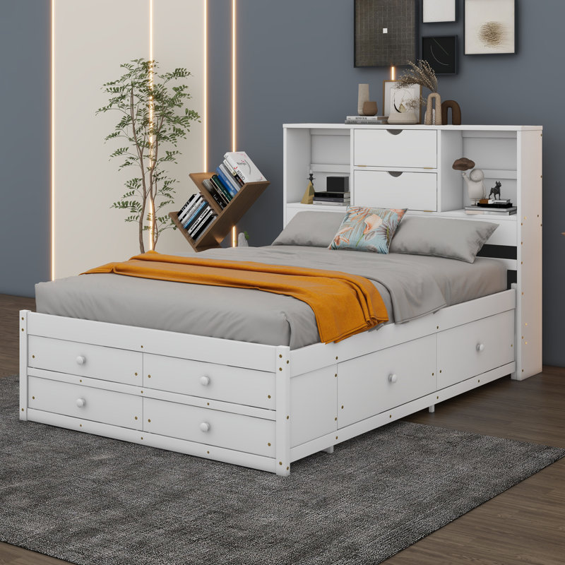 Platform Bed with Storage Headboard And 8 Drawers, Queen, White