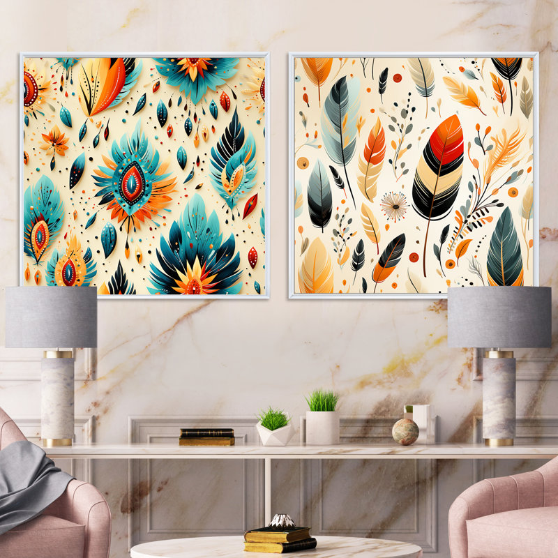 Thane - Ensemble de 2 collages carrés botaniques abstraits, Cadre flottant blanc, H 30 po x l 61 po