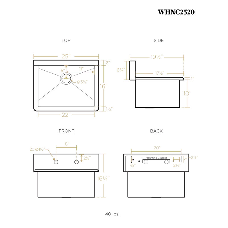 Whitehaus 25" brushed stainless steel commercial drop-in or wall mount utility sink, 25" L