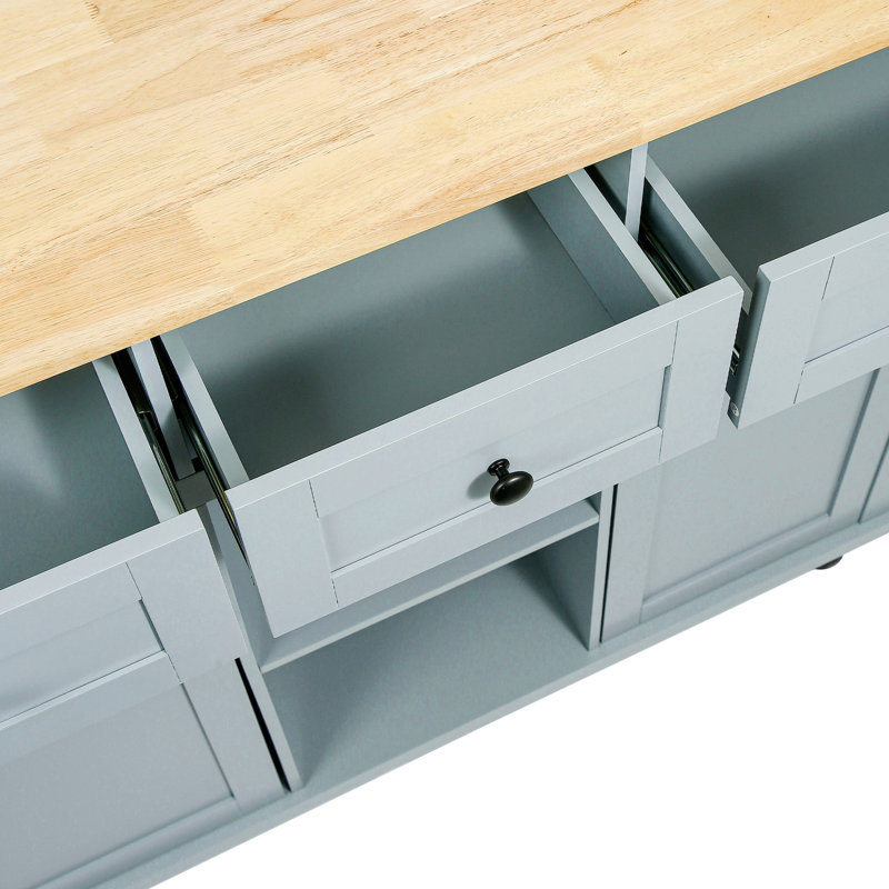 Îlot de cuisine avec support en métal, 3 tiroirs, 5 roulettes, bleu gris pour roulettes de bureau et comptoir rabattable, armoire