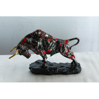 Nifao Resin Bull Statue- Multicolor Swirl Indoor/Outdoor Charging Bull Sculpture,Abstract Yellow,Blue,Red &Violet Design with Gold Horns on Glossy Black Base for Homes, Offices 14" x 4" x 9"H