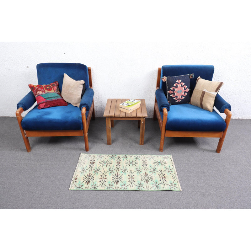 Handmade Vintage Turkish Runner Rug in Green for Entryway - Small Boho Style Farmhouse Decor Carpet