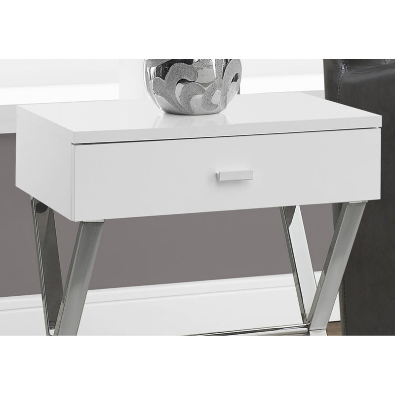 Table d'appoint moderne en stratifié blanc lustré avec piètement en métal et tiroir de rangement pour salon et chambre à coucher - Poignées décoratives