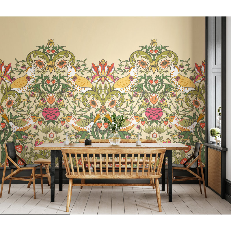 Adhésif mural oiseaux, fruits et feuillage, Jaune