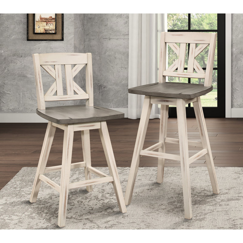 De 2 chaises de pub grises et blanches patinées, pivotant à 360 degrés, en bois d'hévéa massif, 2 chaises de salle à manger avec ambiance blanche et rustique divisée