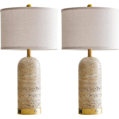 Lot de 2 lampes de table tactiles avec ports USB A et C, lampes de chevet en résine de style travertin à intensité variable (3 niveaux), lampes de nuit rustiques vintage avec ampoules DEL pour chambre, salon et bureau