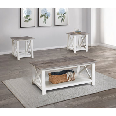 3-Piece Set Table Top Cocktail Rectangular Coffee Table And Two Matching Square End Tables Living Room Wooden Furniture