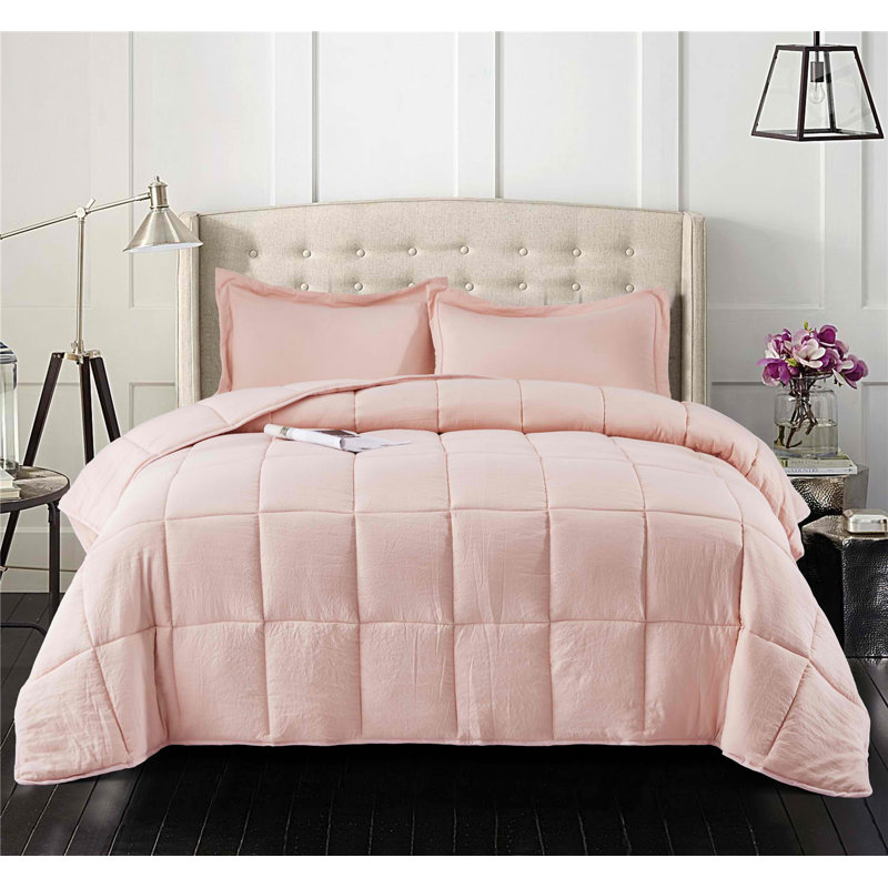 SALOMON Pre-washed Microfiber Reversible 3 Piece Comforter Set, Queen Comforter + 2 Standard Shams, Peach Pink