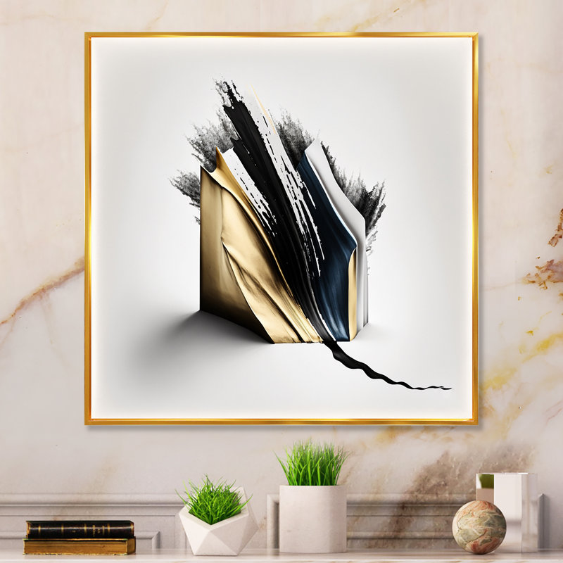 «Cubic», art cubique abstrait noir et or, H 16 po x l 16 po x P 1 po, Toile avec cadre flottant or