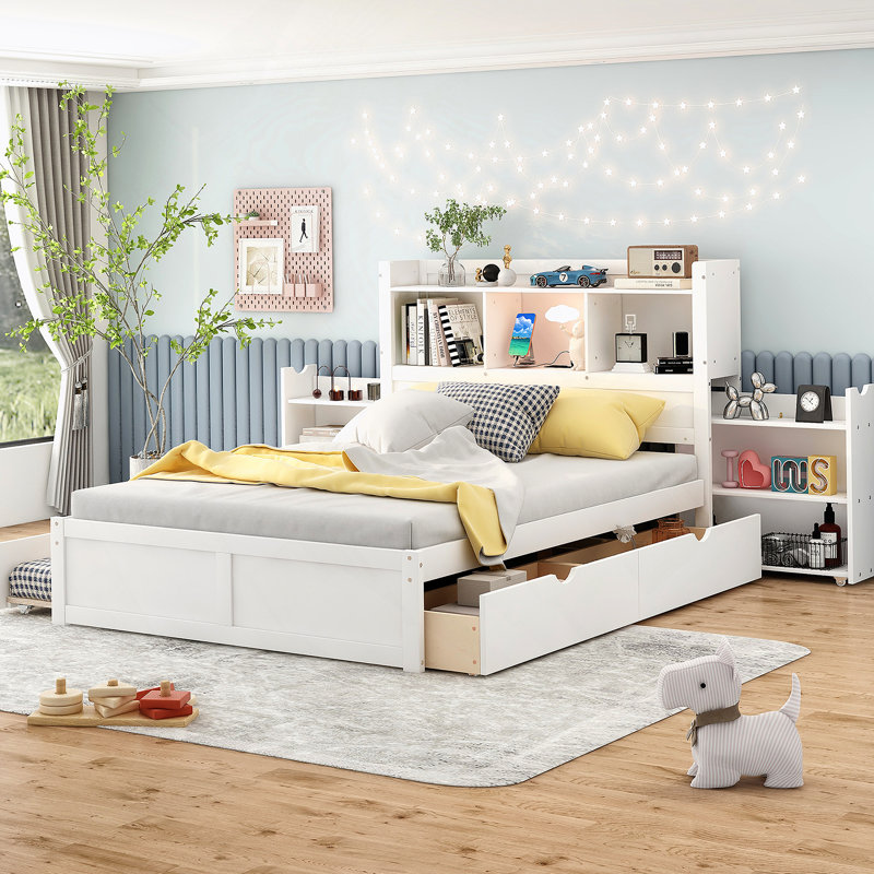 Lit plateforme avec rangement et tablettes coulissantes, lit gigogne simple et 2 tiroirs, Blanc
