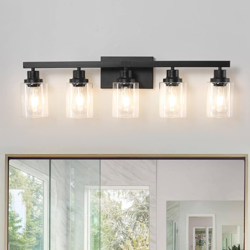 Matte Black 5-Light Bathroom Vanity Fixture with Glass Shades