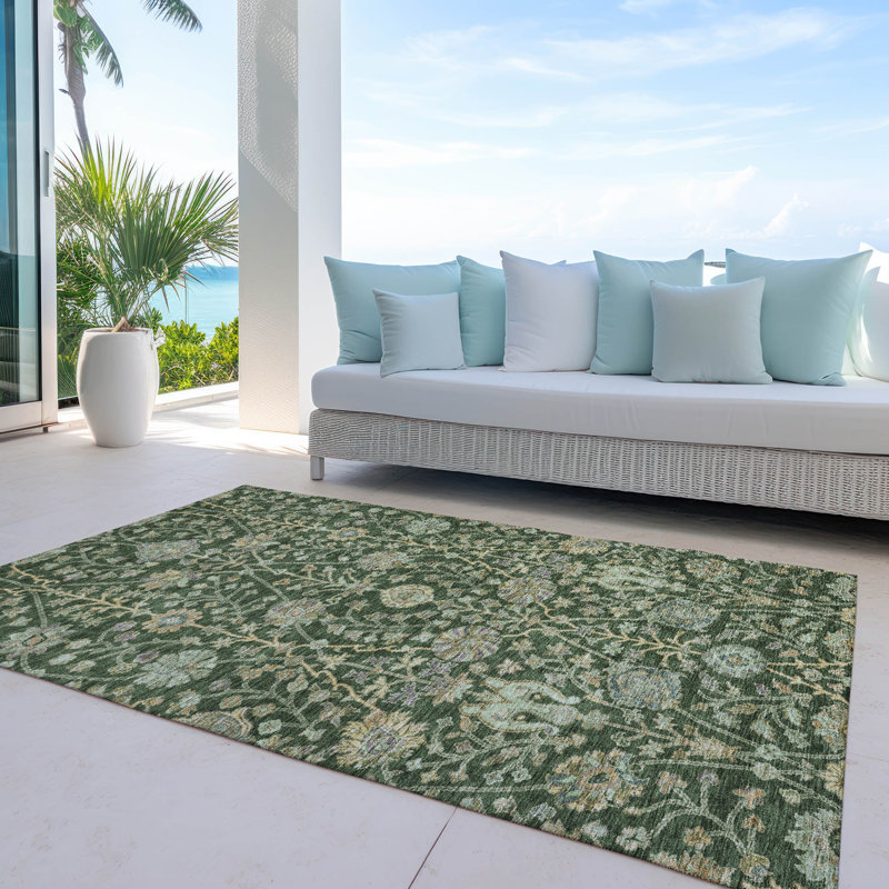 Green Floral Pattern Machine Washable Indoor Outdoor Rug