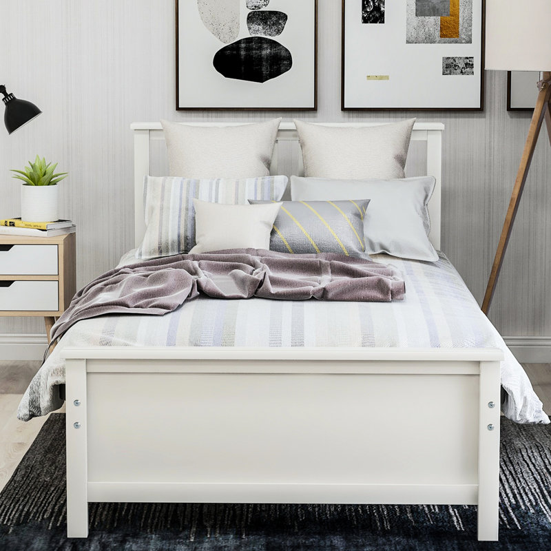Lit plateforme blanc en bois massif avec tête de lit pour tête de lit simple et stabilité