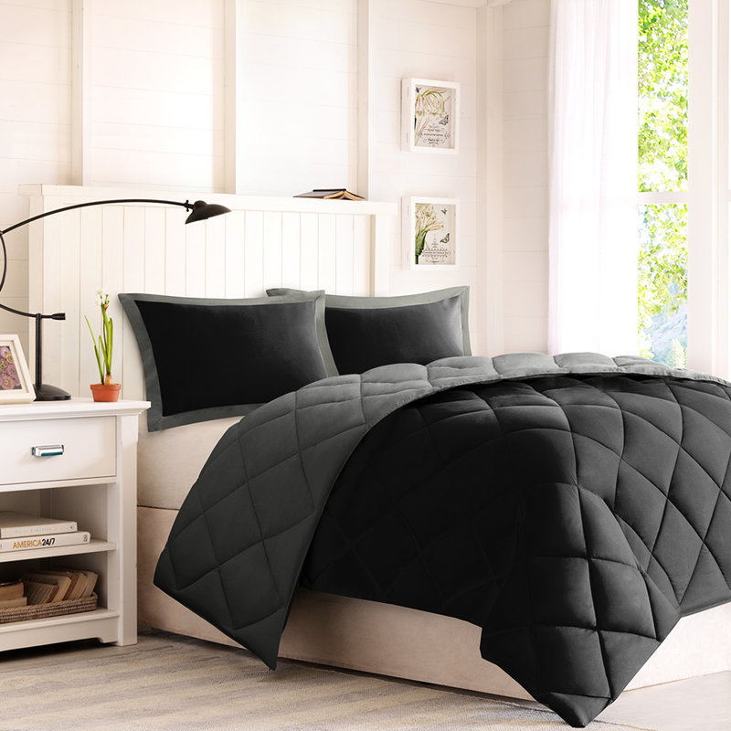 Édredon en duvet synthétique TG / TG, Noir/gris, Édredon simple / simple TG + 1 taie décorative