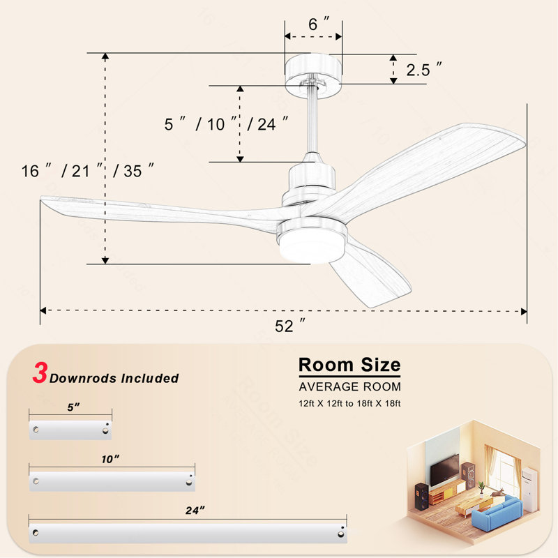 Ventilateur de plafond d'intérieur 52 pouces avec lumière à DEL à intensité variable 3 pales en bois massif, télécommande, moteur à courant continu réversible pour le salon