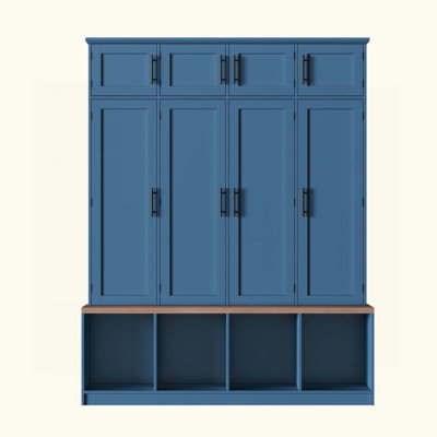 Farmhouse Hall Tree With 4 Hidden Hanging Hooks, Versatile Walnut Seating Bench With 8 Doors, Entryway Shoe Cabinet With Open Compartment For Living R by 17 Stories