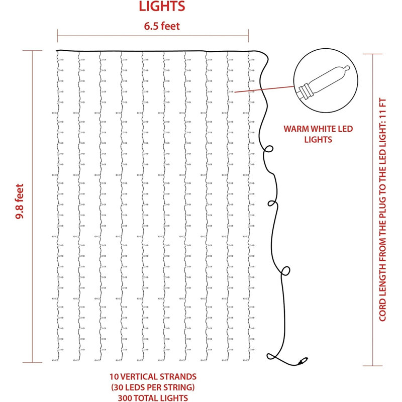 ProductWorks Indoor/Outdoor 300 LED-Mini String Light Curtain with 8-Light Modes on Clear Wire, Warm White, 6.5ft x 10ft