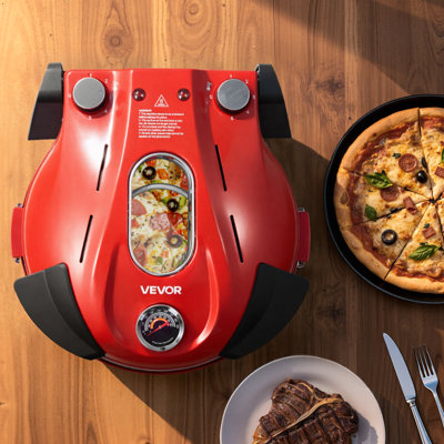 Four à pizza, machine à pizza électrique 12 po, cuiseur à pizza électrique 1200 W avec pierre de cordiérite, contrôle de la température à 5 modes, fenêtre de visualisation pour une cuisson précise, chauffe jusqu'à 788 ˚F, pour la maison (rouge)