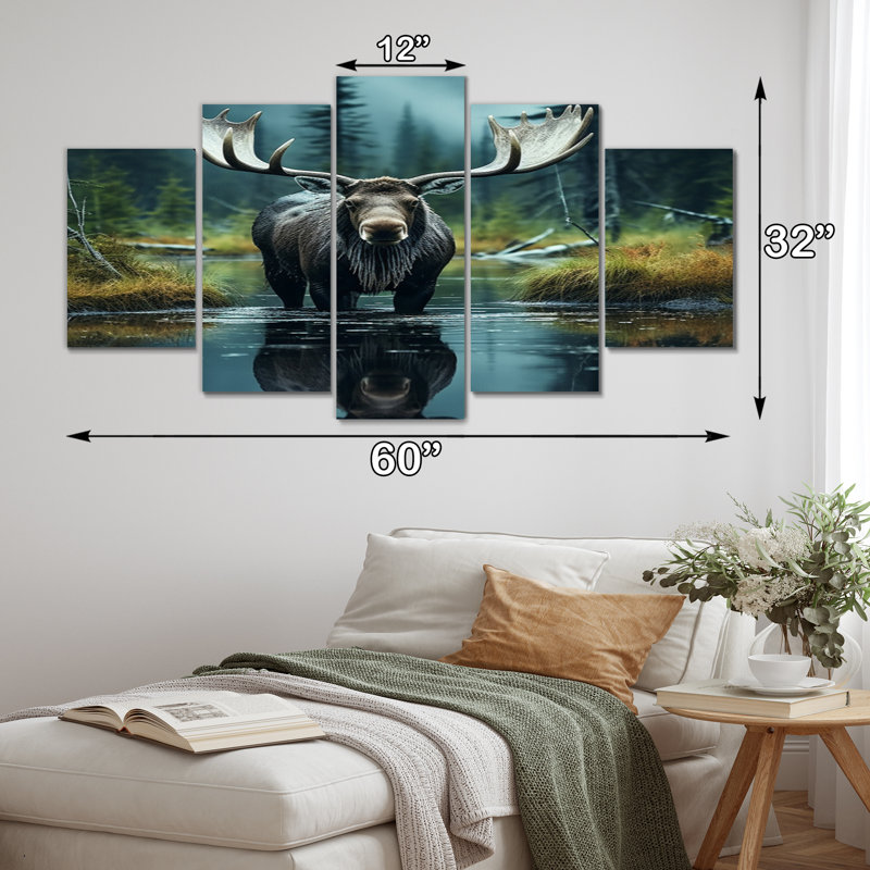 «Green Moose Forest Dusk», art mural salon animaux - 5 panneaux