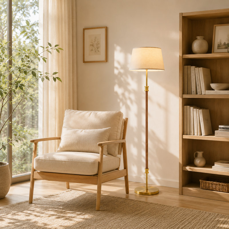 Lampe sur pied de 63 po en bois avec abat-jour en lin, grande lampe sur pied avec accents en aluminium brossé doré pour le salon et la chambre à coucher