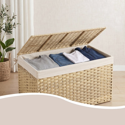 Storage Basket With Lid, 42.3 Gallon (160L) Storage Bin, Woven Blanket Storage Basket With Handles, Foldable, Removable Liner, Metal Frame, For Bedroom, Laundry Room, Natural