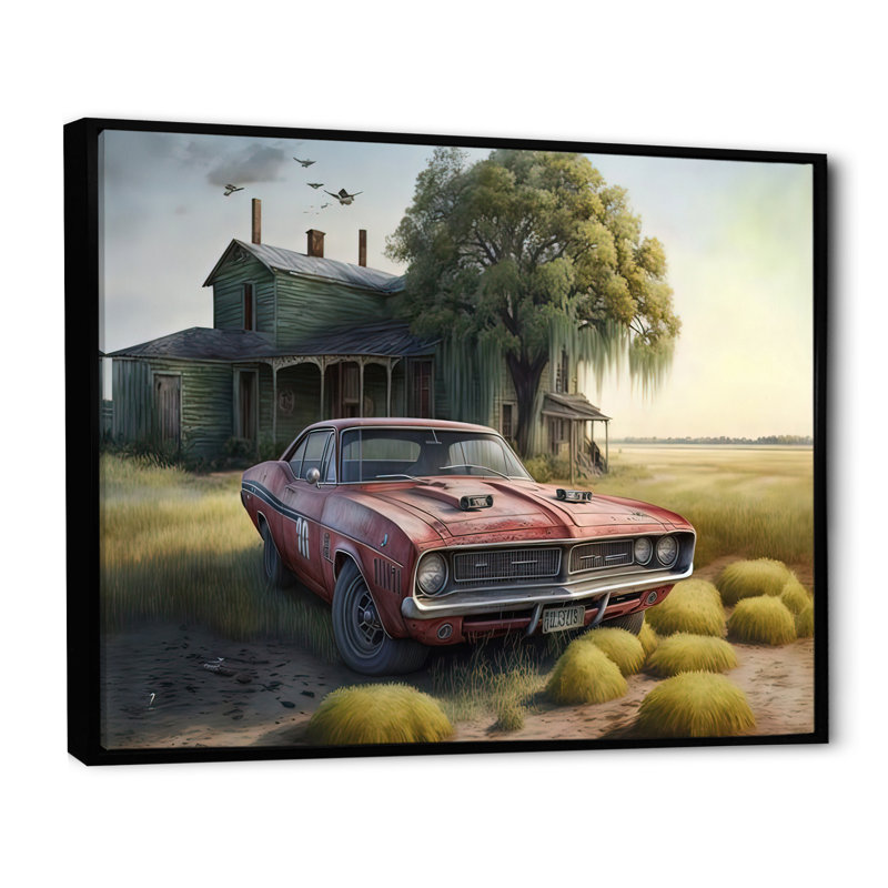 Orange Muscle Car at the Barn - Peinture sur toile, H 12 po x l 20 po x P 1 po, Toile avec cadre flottant noir