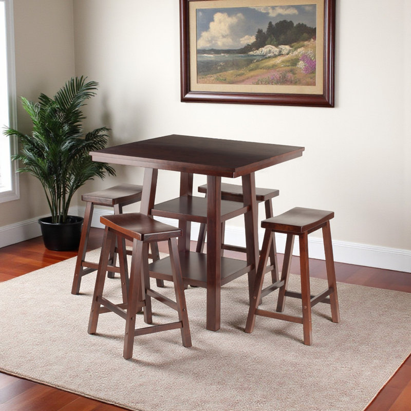 Ilianne High Table with Saddle Seat Counter Stools, Walnut, 5