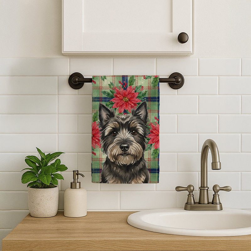 Black Cairn Terrier Christmas PoinsettIas Kitchen Towel, Black Cairn Terrier