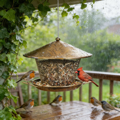All-Metal Weatherproof Bird Feeder With Large 9.8-Inch Roof, 3.5 Lbs Seed Capacity, Squirrel-Resistant Design, Easy To Clean And Refill For Attracting Wild Birds