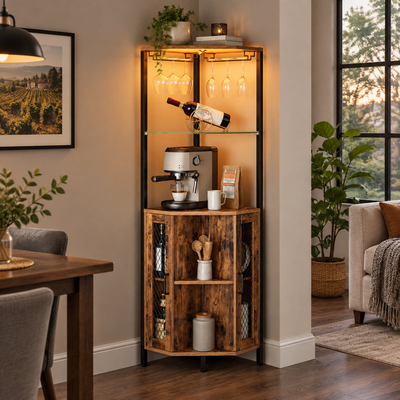 Armoire de bar d'angle 63,4 "avec lumières à DEL, armoire à vin haute avec rangement, armoire à alcool industrielle à 5 niveaux avec supports en verre, tablettes réglables