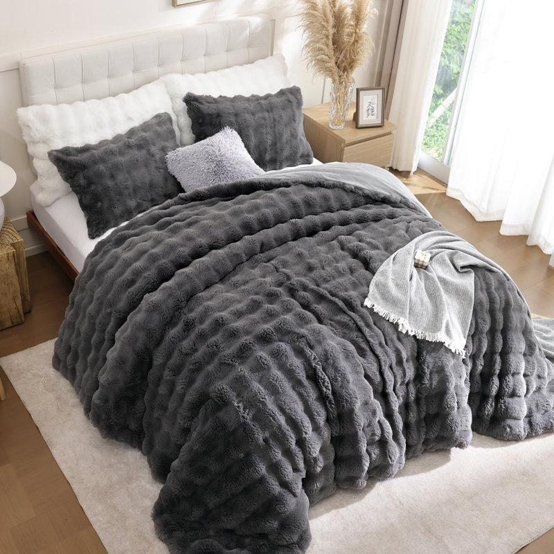 Fluffy Comforter Set 3 Pieces- Ultra Soft & Warm Faux Fur Comforter With Two Pillowcases For Winter, Dark Gray
