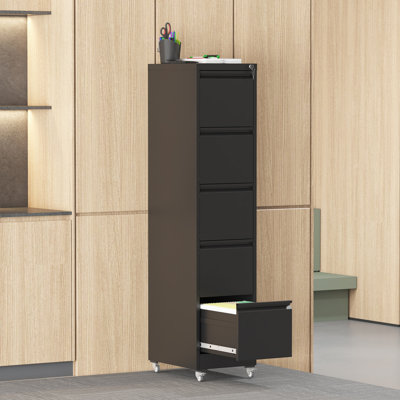 5 Drawer Vertical File Cabinet With Wheels And Lock For Office Home, Spacious Drawers, Full - Extension Bearing Slides, Comfortable Grip Handles, Tipping Design Black On Wheels, Secure Locking,