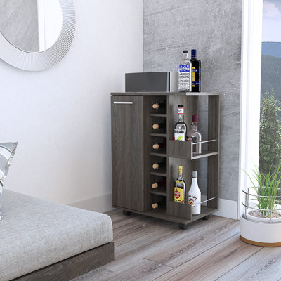 Rolling Bar Cart with Two External Shelves, a Single Door and Six Built-In Wine Rack