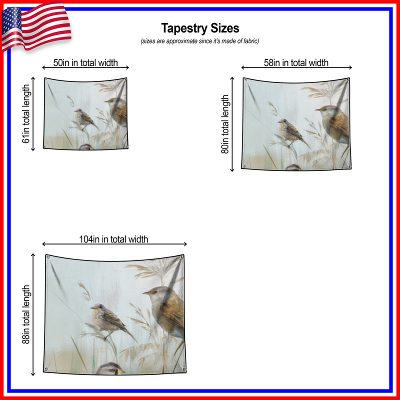 Tapisserie murale oiseaux sur gazon - Décoration murale oiseaux, H 104 po x 88 avec 4 œillets