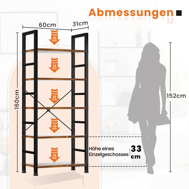 Book Shelf, 5 Tier Bookcase, Modern Tall Bookshelf for Garage Kit, CDs, Movies, Industrial Corner Storage Organizer, Brown