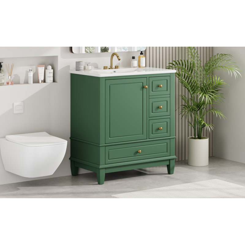 »Meuble-lavabo avec lavabo, finition verte, avec une porte avec tablette, trois tiroirs et une porte à fermeture en douceur