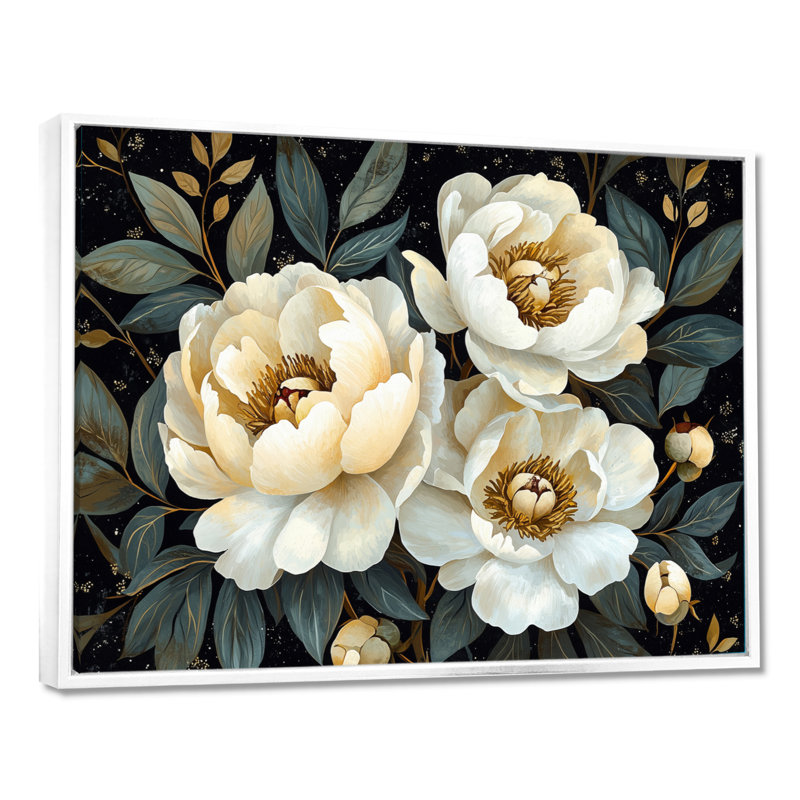Art mural noir, noir et blanc, pivoines de minuit, H 24 po x l 32 po, Impression encadrée flottante, Blanc