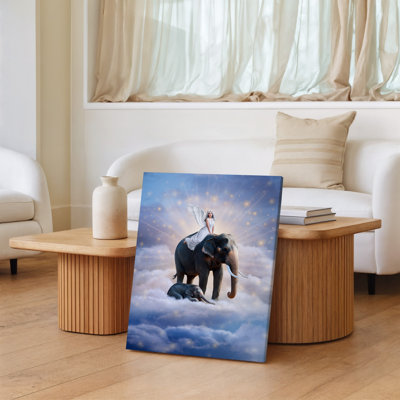 Canvas A Serene Scene Depicting A Majestic Adult Elephant And A Wall Art Playful Baby Elephant Nestled On Soft Fluffy Clouds Canvas Wall Art
