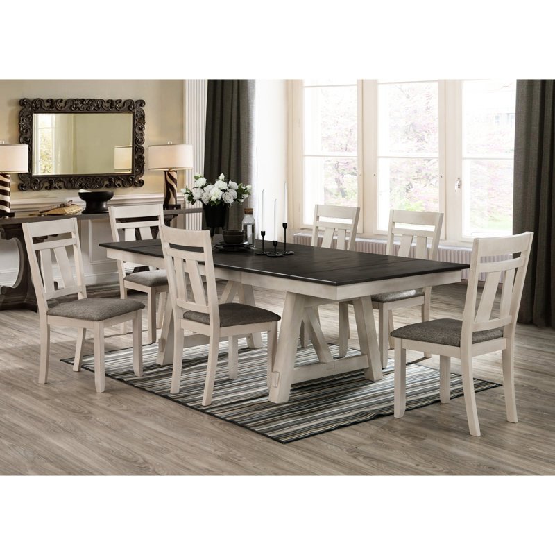 Table extensible en bois avec deux finitions gris craie et base de table transitionnelle pratique