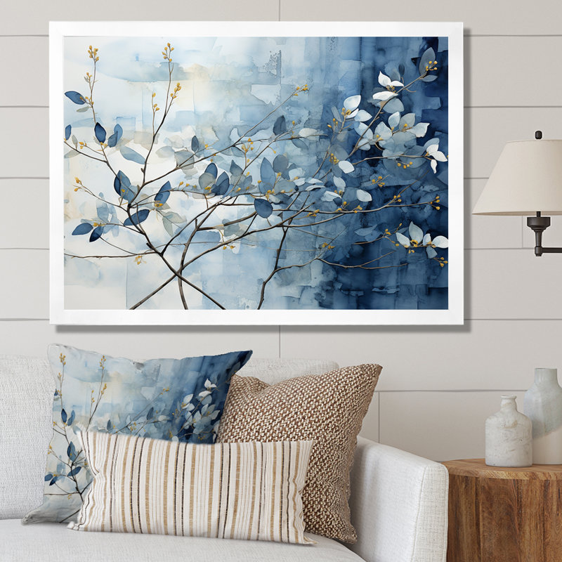 Blue And Grey Leave On Branch I On Canvas Print, 16" H x 32" W x 1" D, White Single Picture Framed