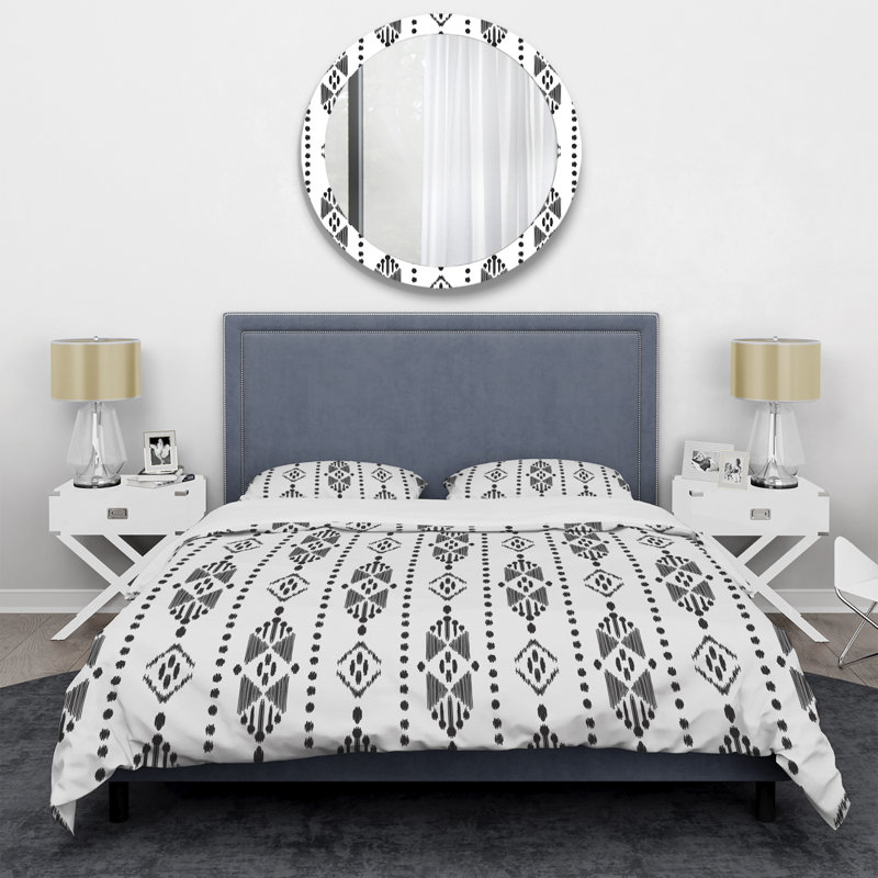 White and Grey Ikat Ogee - Abstract Duvet Cover Set - Microfiber Polyester, Queen Duvet Cover + 2 Standard Shams