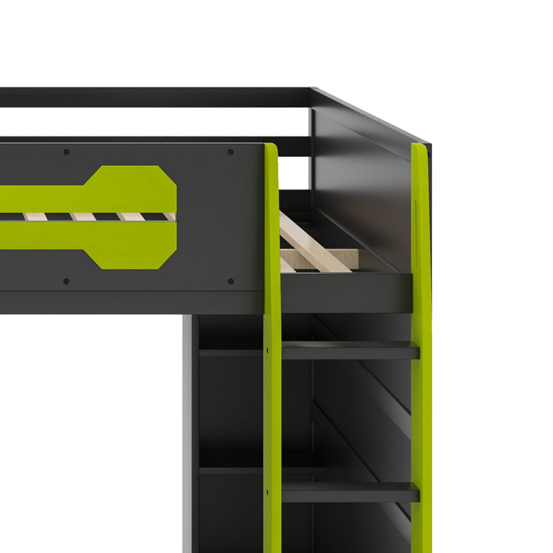 Lit mezzanine en bois avec bureau, tablettes multiples et lumière RVB, Vert