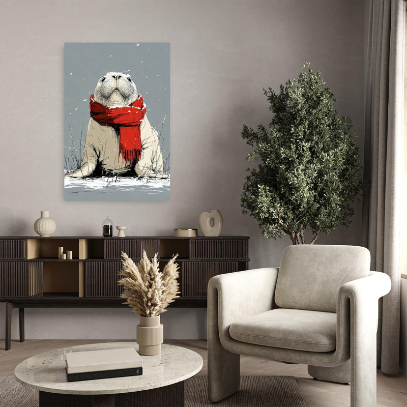 Snowy Seal Red Scarf Playful Abstract Contemporary Animal Nature Wall Art Print 1 Piece Wrapped Canvas Wall Art