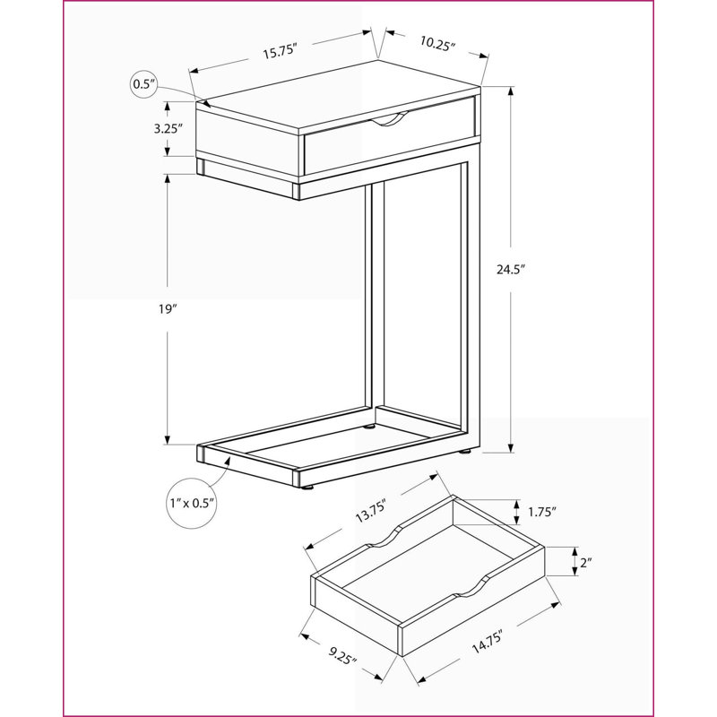 Table basse compacte en forme de C avec tiroir de rangement, stratifié gris et métal chromé pour le salon, Gris/argent