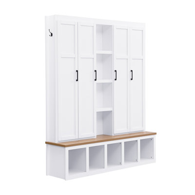 Arbre d'entrée 4 en 1 de 62,9 po avec 6 crochets de suspension, banc à grain de bois Mudroom avec compartiments ouverts, armoire à chaussures pour l'entrée avec banc de sièges