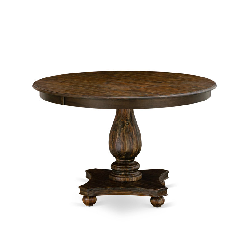 Distressed Jacobean Round Dining Set with Light Sable Linen Chairs